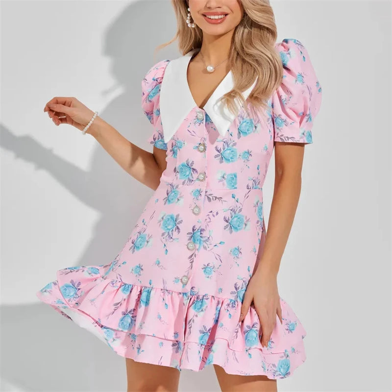 Robe Courte Imprimée à Manches Bouffantes
