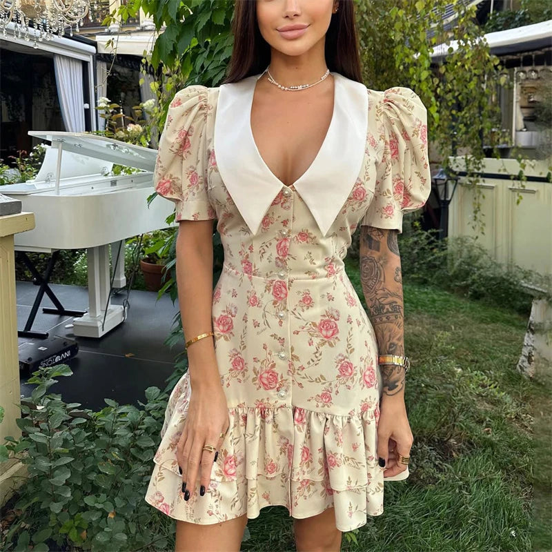 Robe Courte Imprimée à Manches Bouffantes