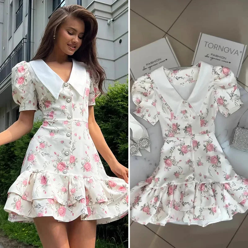 Robe Courte Imprimée à Manches Bouffantes