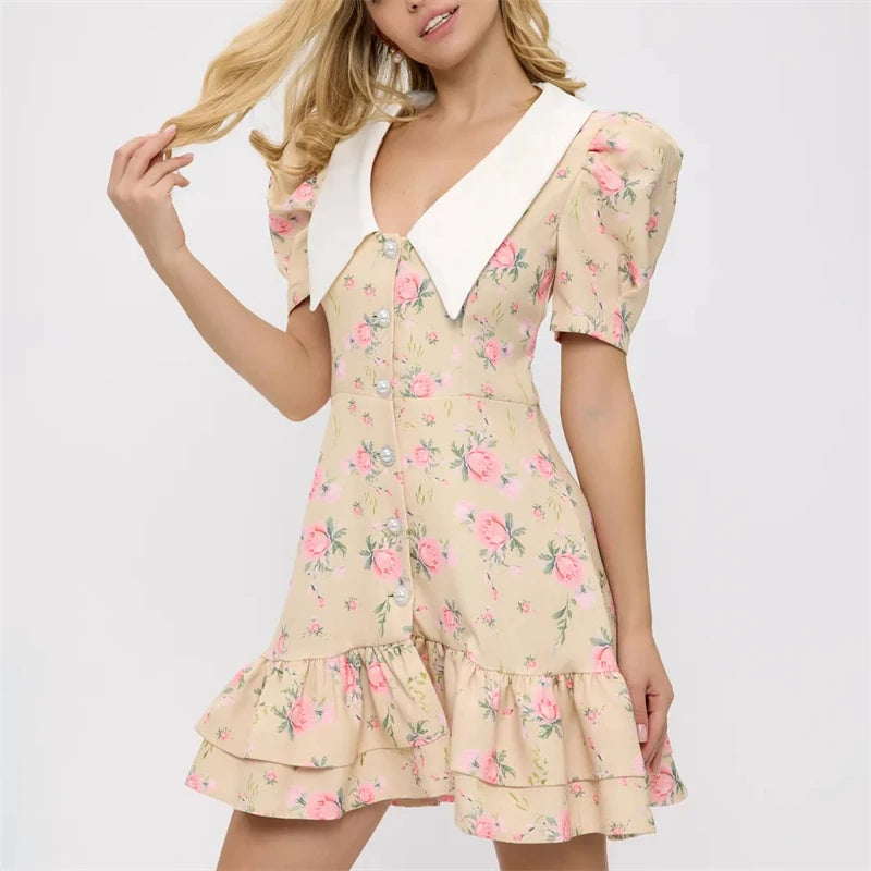 Robe Courte Imprimée à Manches Bouffantes
