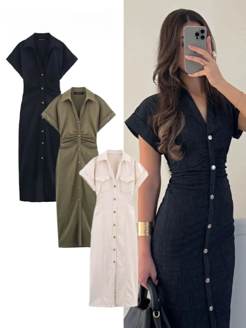 Robe Chemise Mi-Longue à Plis