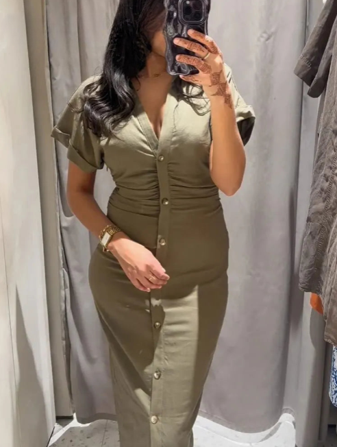 Robe Chemise Mi-Longue à Plis