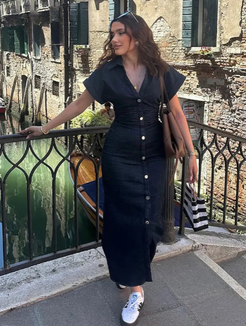 Robe Chemise Mi-Longue à Plis
