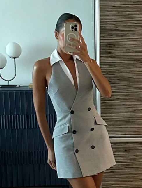 Robe blazer sans manches à carreaux