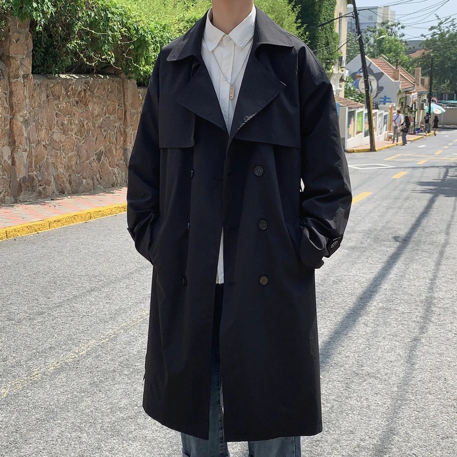 Trench Coat Homme Élégant à Double Boutonnage