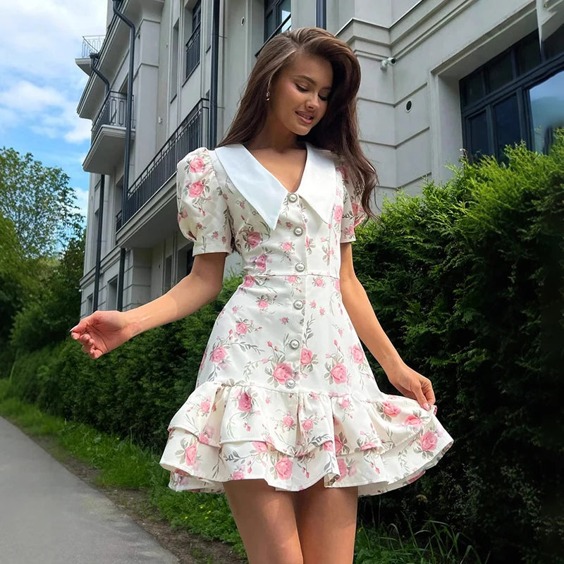 Robe Courte Imprimée à Manches Bouffantes