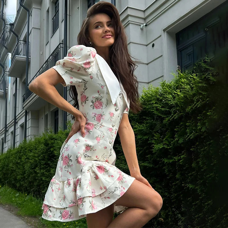 Robe Courte Imprimée à Manches Bouffantes
