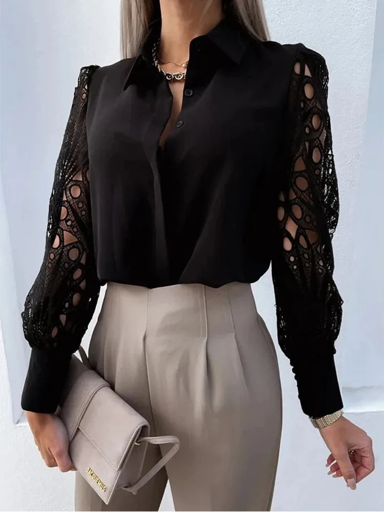 Blouse Élégante à Col V et Dentelle