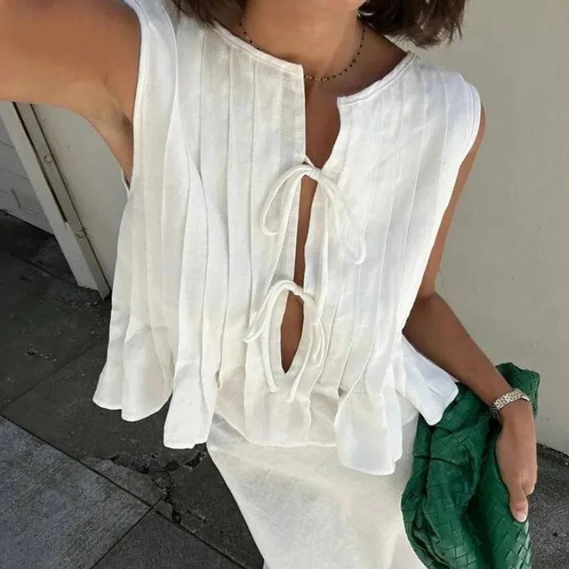 Chemise plissée sans manches en lin mélangé