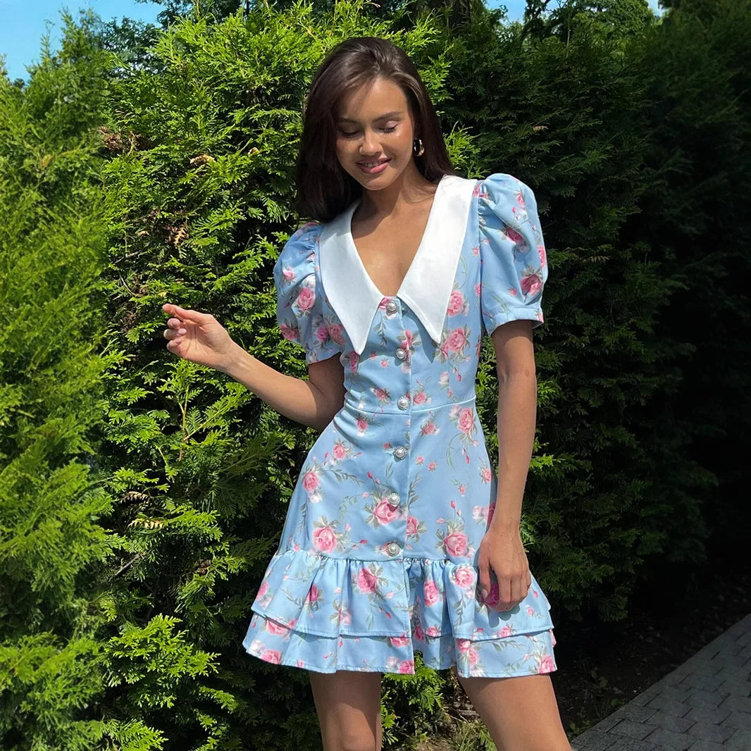 Robe Courte Imprimée à Manches Bouffantes