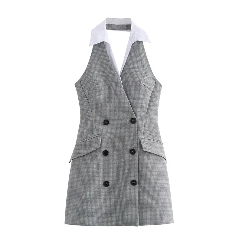 Robe blazer sans manches à carreaux