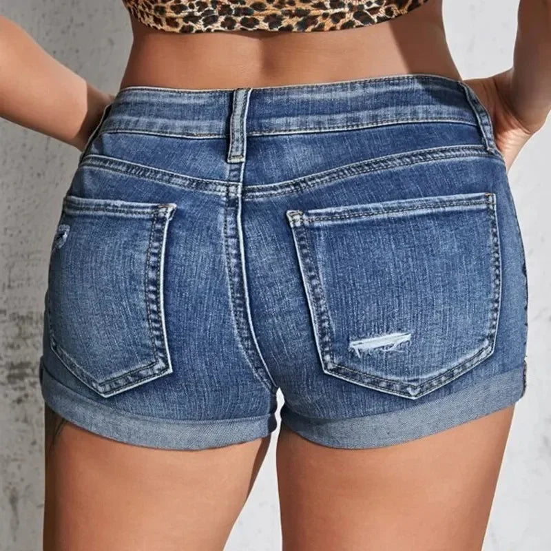 Short en Jean Slim Taille Mi-Haute