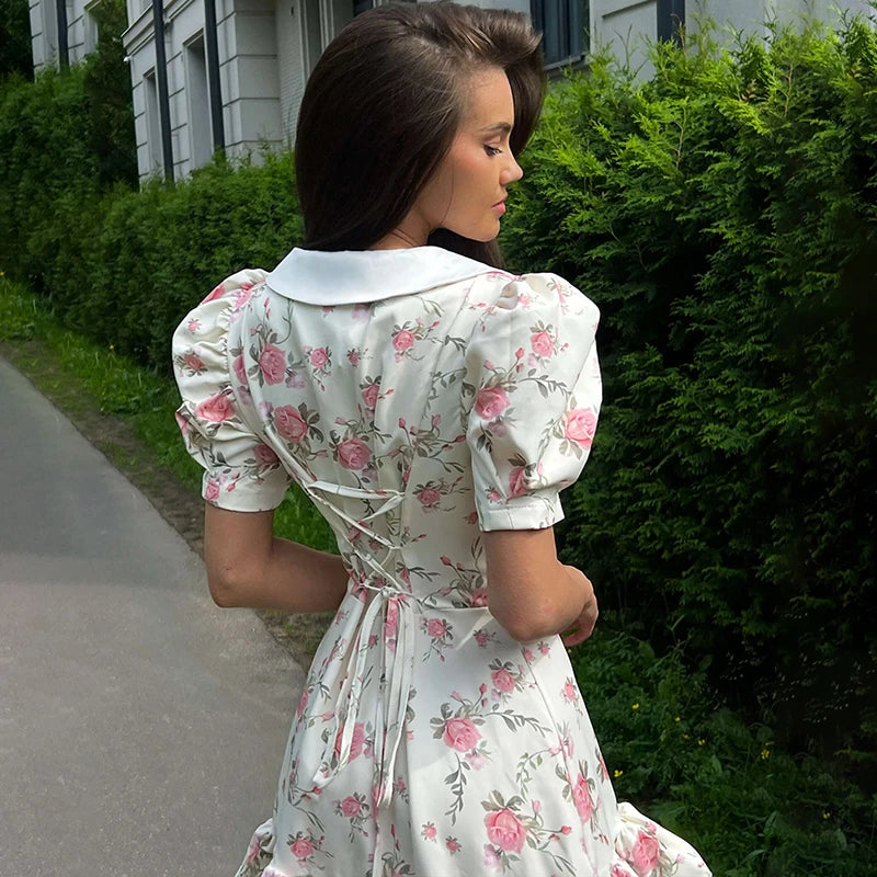 Robe Courte Imprimée à Manches Bouffantes