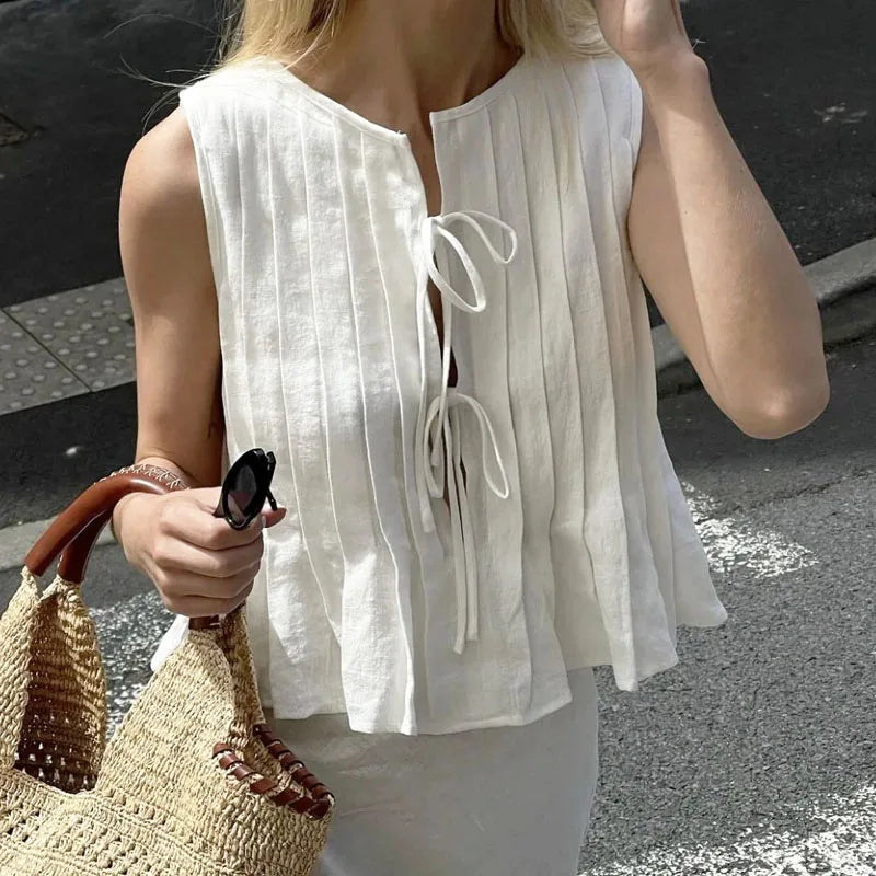 Chemise plissée sans manches en lin mélangé