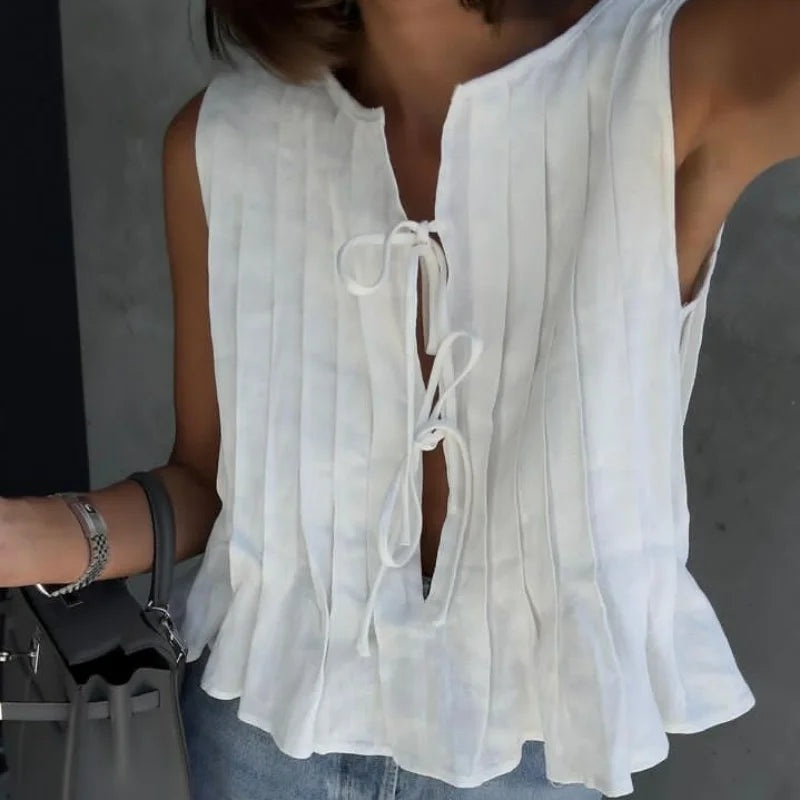 Chemise plissée sans manches en lin mélangé