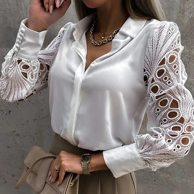 Blouse Élégante à Col V et Dentelle