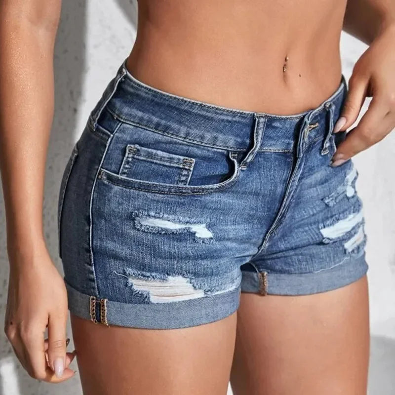 Short en Jean Slim Taille Mi-Haute