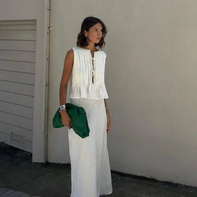 Chemise plissée sans manches en lin mélangé