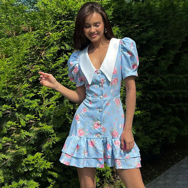 Robe Courte Imprimée à Manches Bouffantes